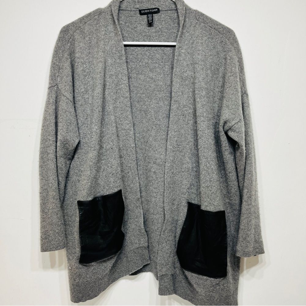 Eileen Fisher Medium Gray Cashmere Blend Open Front Cardigan Leather Pockets